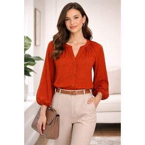 a.n.a Burnt Orange Crinkled Blouse NWT Size XL |Chic Office Boho Style Flowy Top